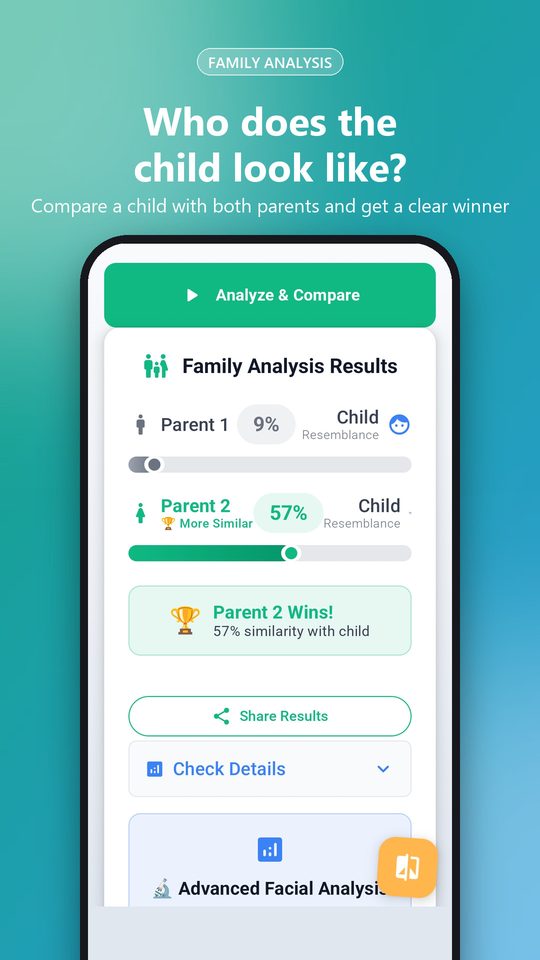Family analysis result naming the parent the child resembles more